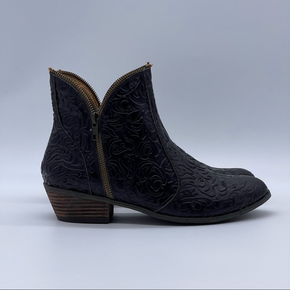 Anthropologie Black Embossed Leather Ankle Booties with Side Zipper